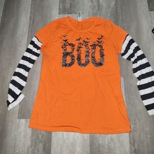 Girls XXL Halloween BOO Shirt Orange Black White Striped Sleeves